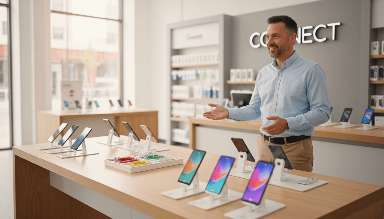 All Things Phones store interior with owner and mobile device display