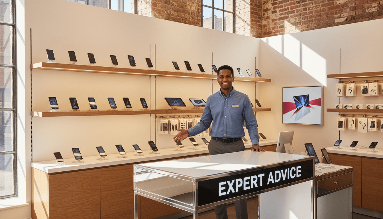 Bright mobile technology store interior with organized phone displays and helpful store associate