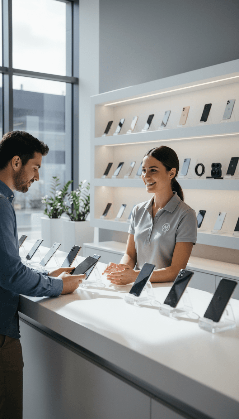 Staff member helping customer select a phone at All Things Phones store counter